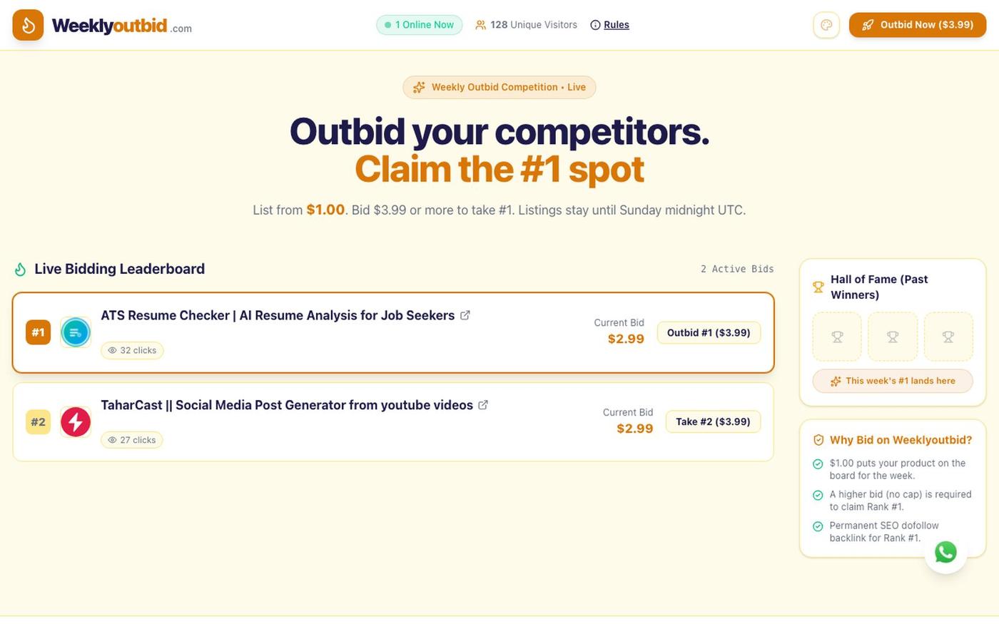Weekly Outbid | Claim the #1 Spot for Your Micro-SaaS — screenshot
