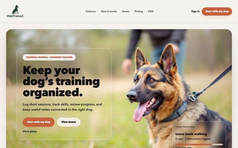 WellTrained | Dog Training Journal and Progress Tracker — screenshot