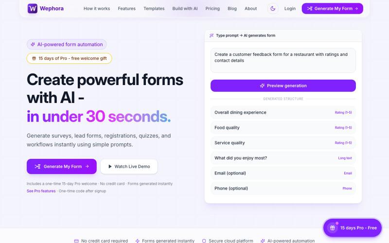 Wephora | Create powerful forms with AI — screenshot