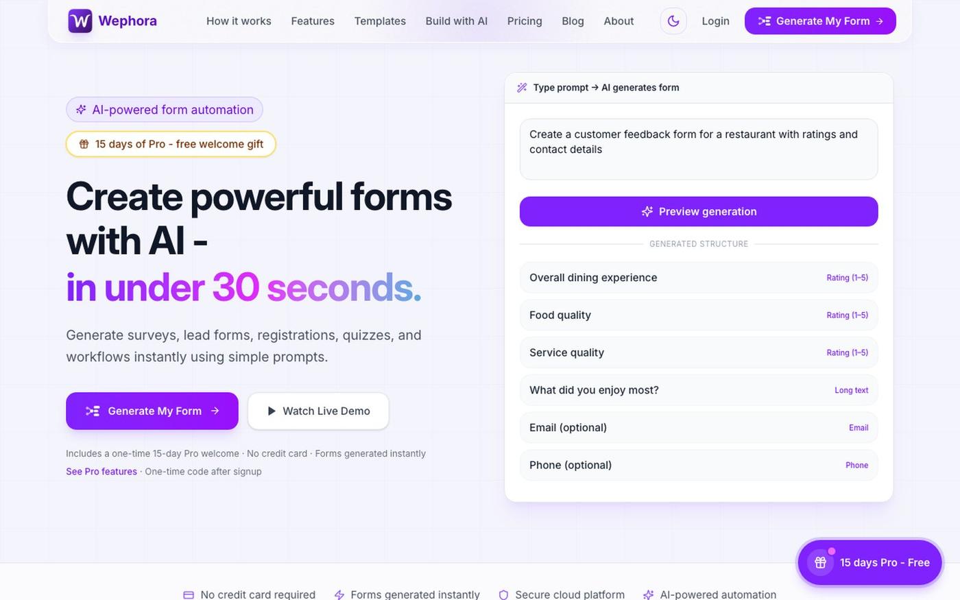 Wephora | Create powerful forms with AI — screenshot