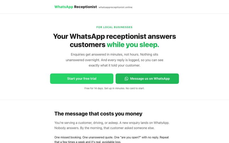 WhatsApp Auto Reply for Business — Never Miss a Customer. AI Receptionist UK | W — screenshot