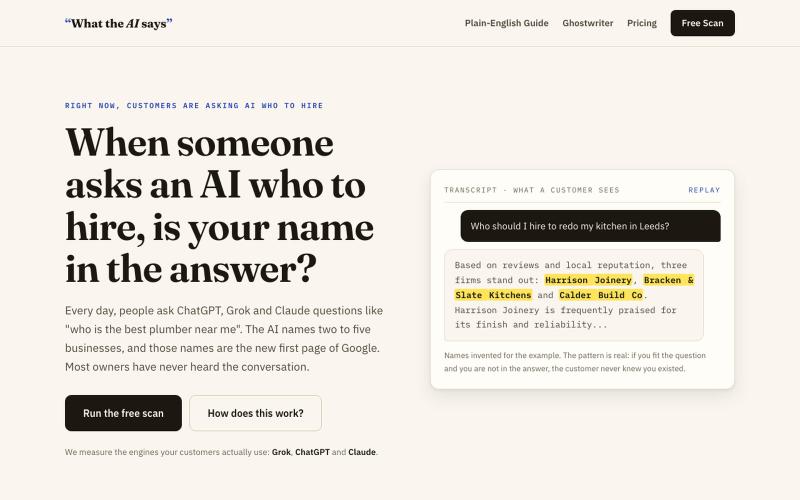 What The AI Says. AI visibility for your business. — screenshot