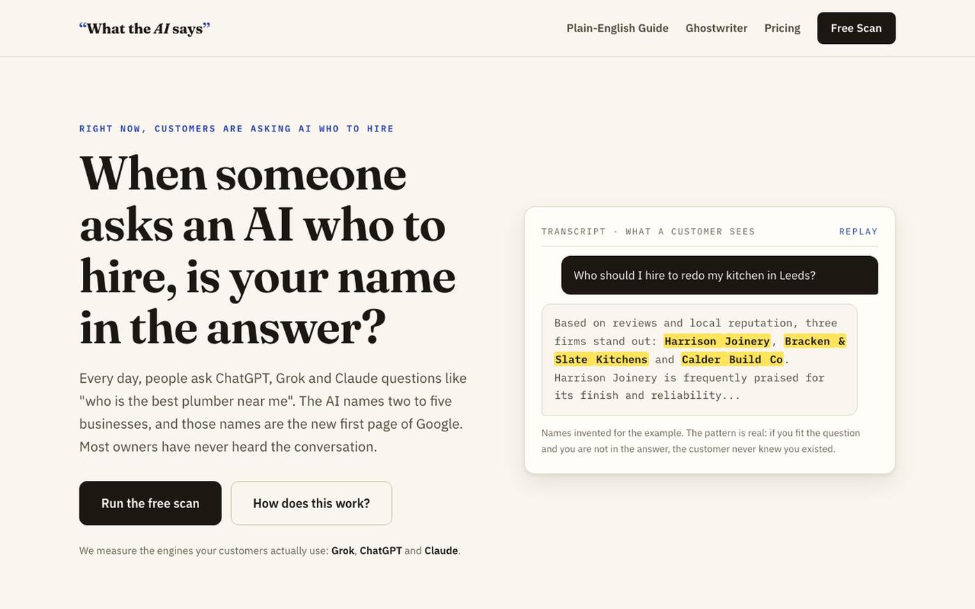 What The AI Says. AI visibility for your business. — screenshot