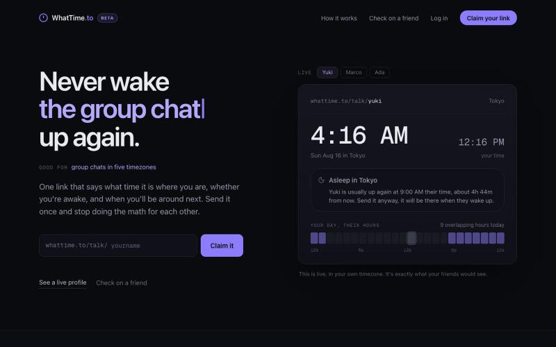 WhatTime.to: When's a good time to talk? — screenshot