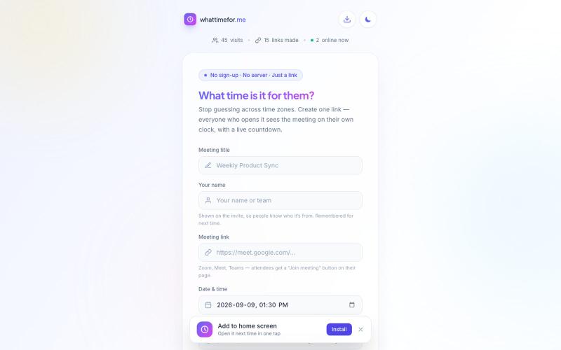 whattimefor.me — Share a meeting time everyone reads in their own time zone — screenshot