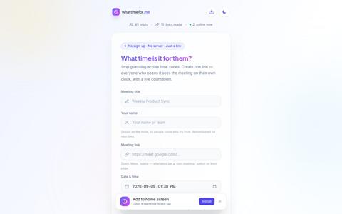 whattimefor.me — Share a meeting time everyone reads in their own time zone — screenshot