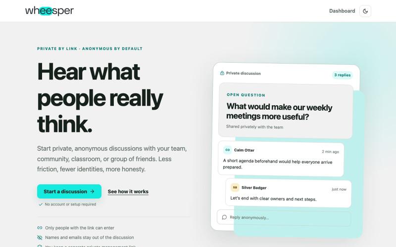 Wheesper: Private discussions for honest conversations — screenshot