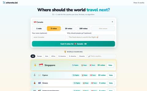 whereto.lol · where should the world travel next? — screenshot