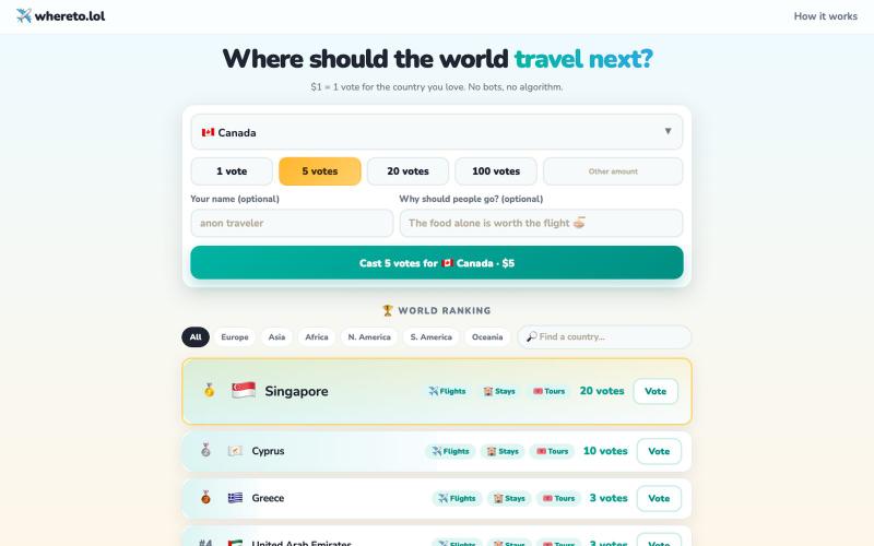 whereto.lol · where should the world travel next? — screenshot