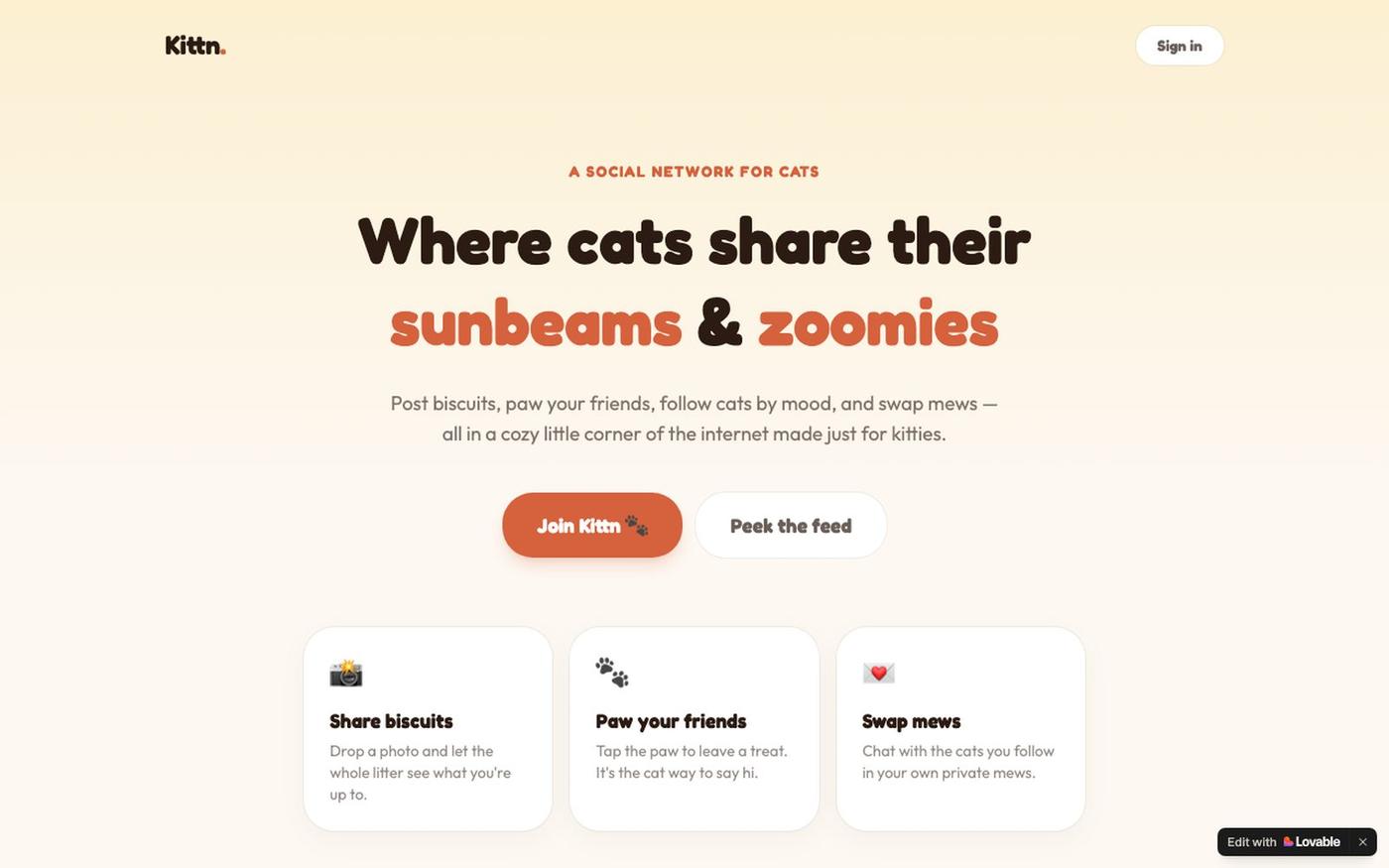 Kittn — the social network for cats — screenshot