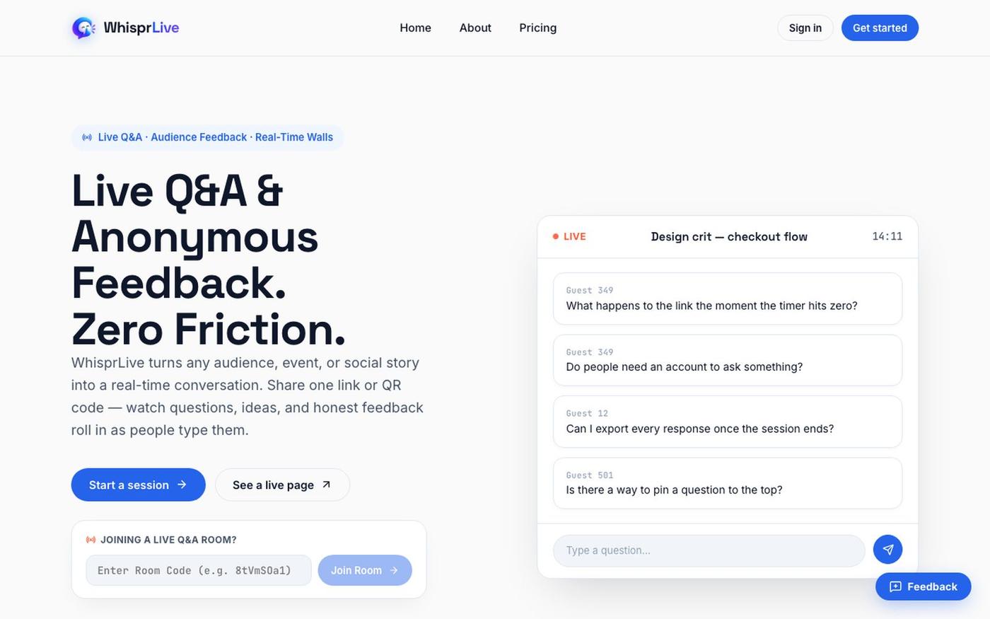 WhisprLive – Anonymous Live Q&A & Real-Time Feedback — screenshot