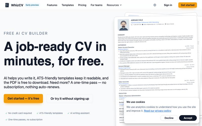 Free AI CV Builder — No Subscription | WhizCV — screenshot