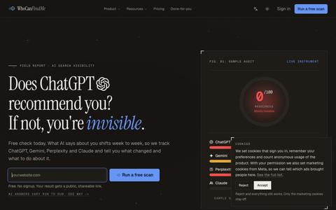 WhoCanFindMe: Is your site visible to AI search? · WhoCanFindMe — screenshot