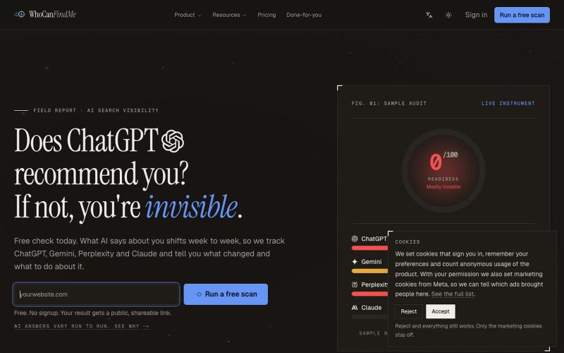 WhoCanFindMe: Is your site visible to AI search? · WhoCanFindMe — screenshot