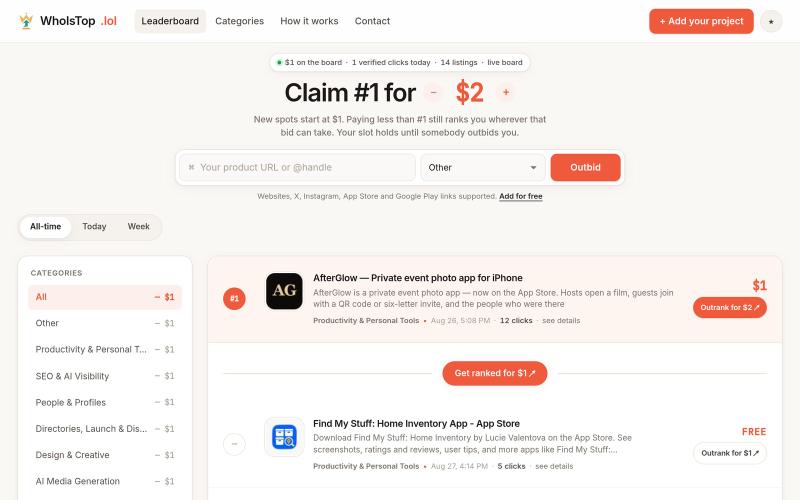 WhoIsTop — daily startup leaderboard — screenshot