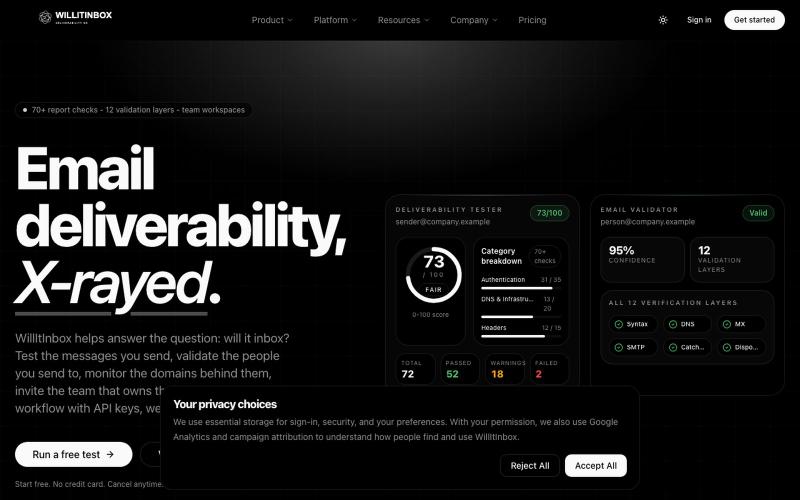 WillItInbox - Email deliverability tester, X-rayed — screenshot