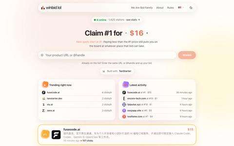 winbid.lol — Pay to Rank #1 Leaderboard for Products & Builders — screenshot