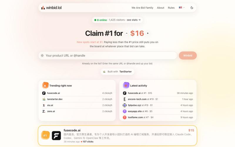 winbid.lol — Pay to Rank #1 Leaderboard for Products & Builders — screenshot