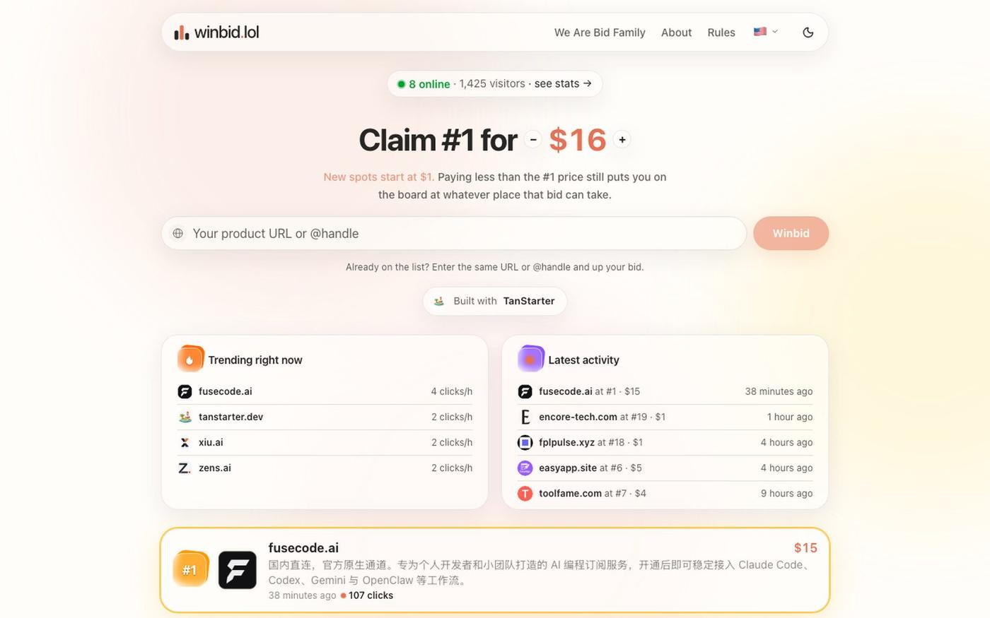 winbid.lol — Pay to Rank #1 Leaderboard for Products & Builders — screenshot