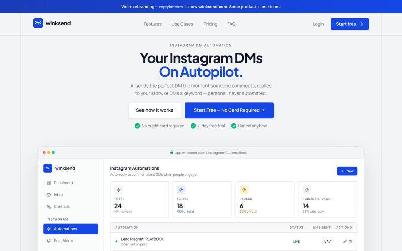 Free Plan — #1 DM Automation Tool for Instagram Creators - winksend — screenshot