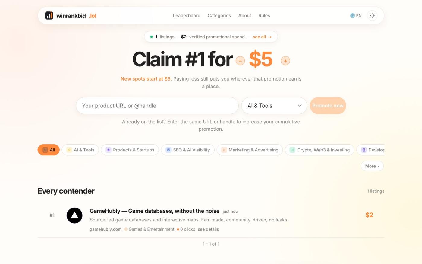 WinRankBid — The public promotional leaderboard — screenshot