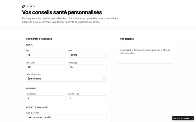 Conseils Santé & Bien-être IA — Vitalys — screenshot