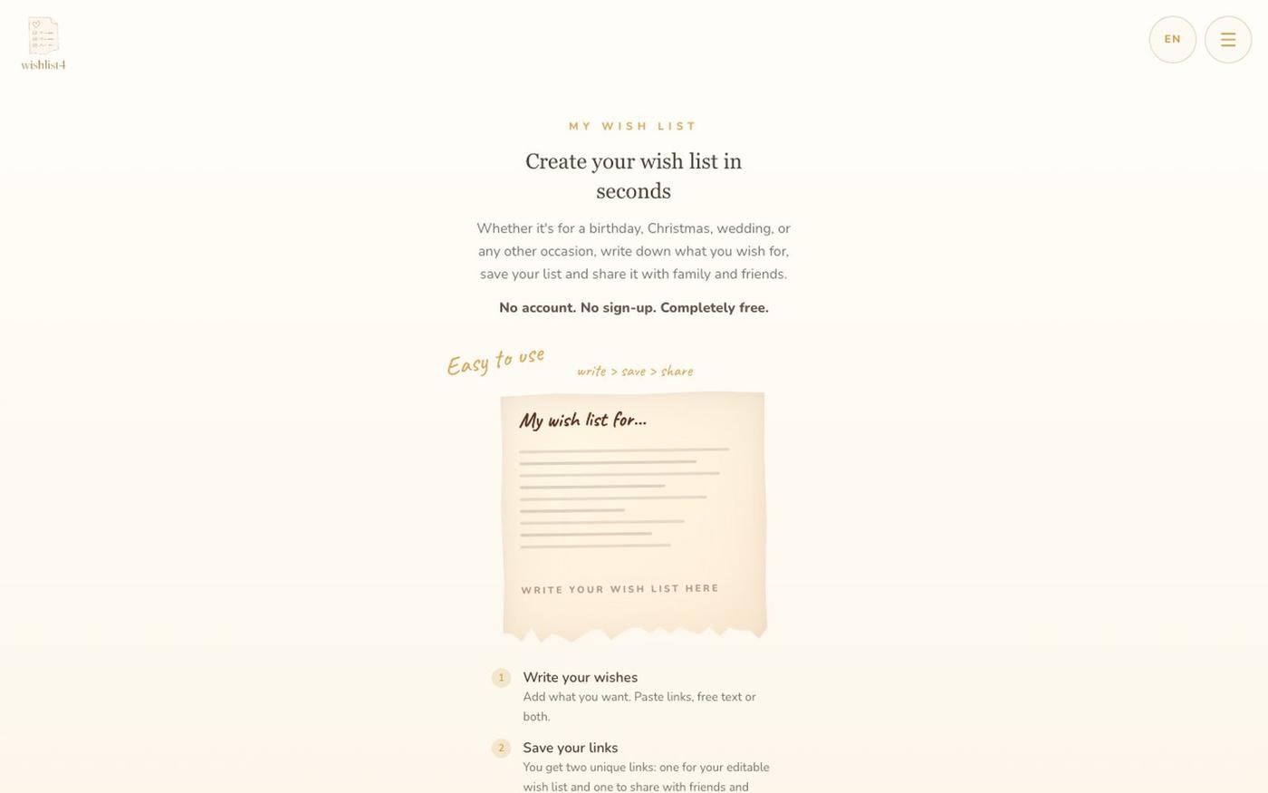 Your wish list online — free for any occasion — screenshot