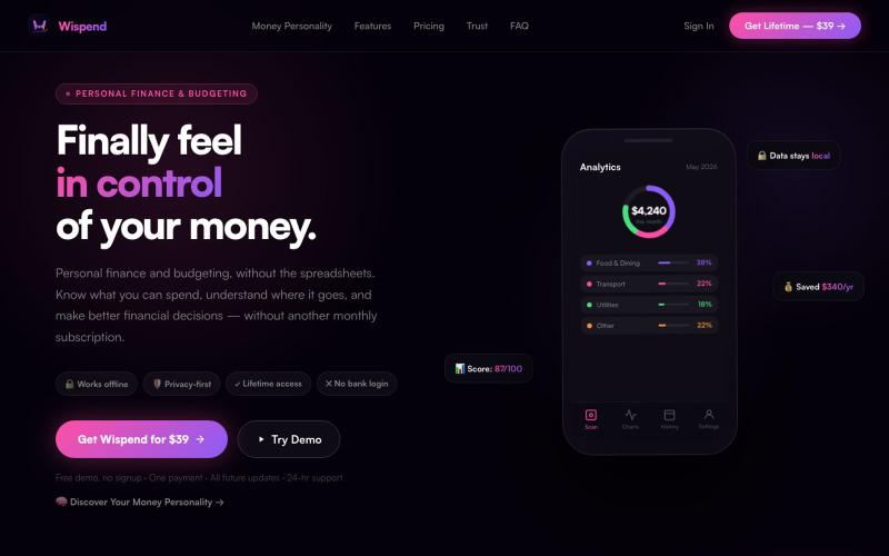 Wispend — Personal Finance & Budgeting App. $39, Once. — screenshot