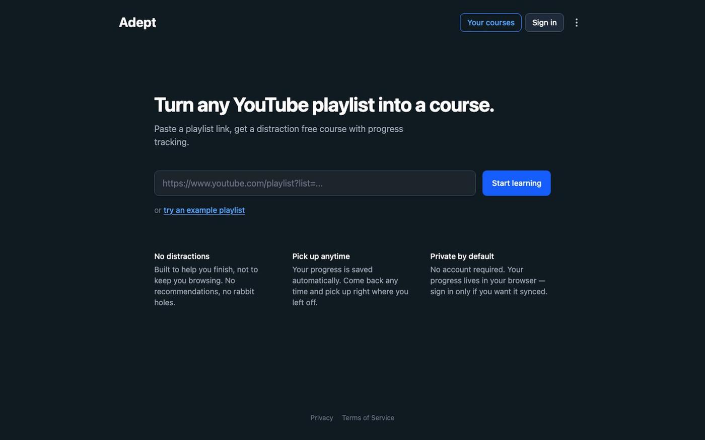 Adept - Turn YouTube playlists into courses — screenshot