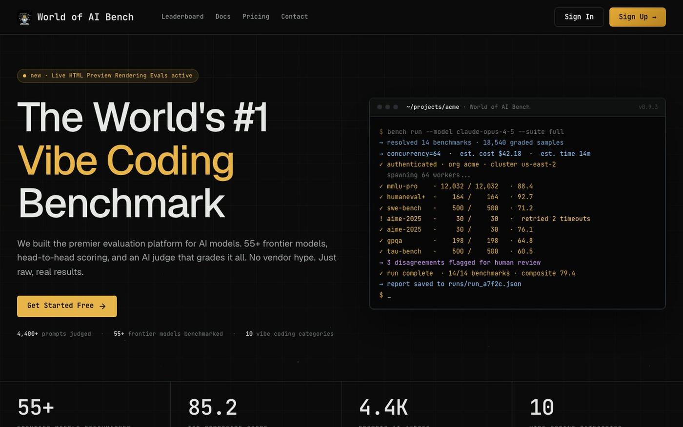 World of AI Bench | AI Coding Benchmark and Model Rankings — screenshot