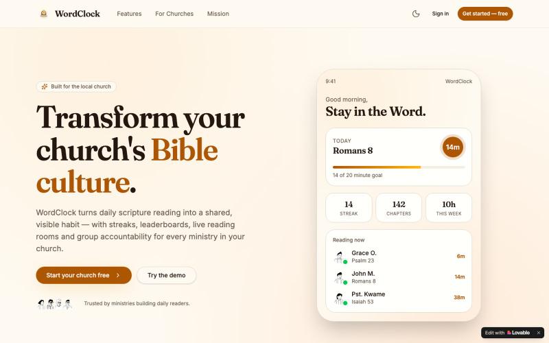 WordClock — Build a Bible-reading church — screenshot
