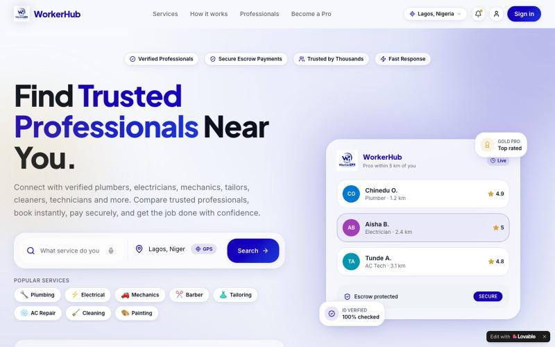 WorkerHub — Find Trusted Professionals Near You — screenshot