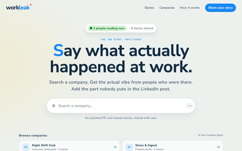 WorkLeak | Honest work stories — screenshot