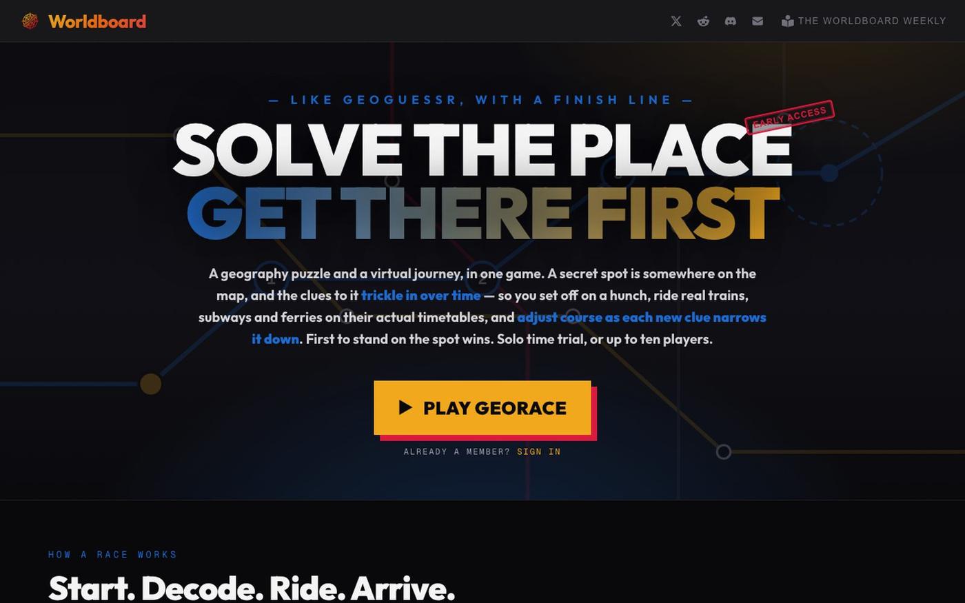 GeoRace — Solve the Place, Then Race There on Real Transit | Worldboard — screenshot