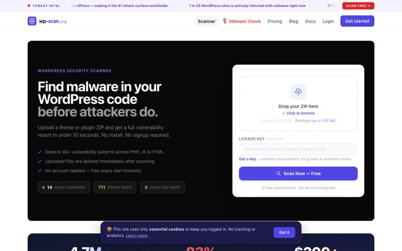 Free WordPress Security Scanner — Check Any Site in 60 Seconds | wp-scan.org — screenshot