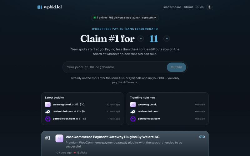 wpbid.lol — WordPress pay-to-rank leaderboard — screenshot
