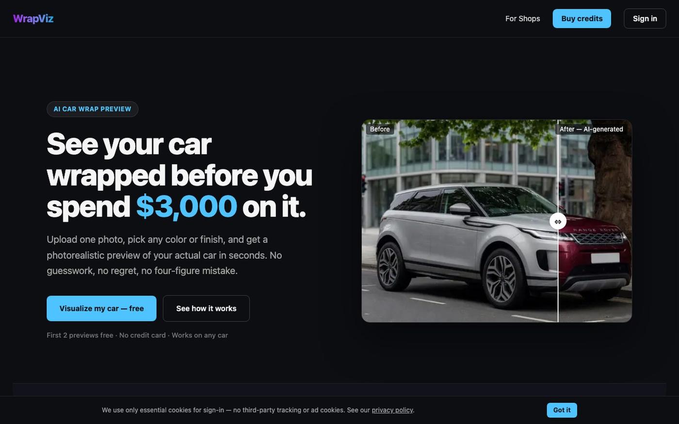 AI Car Wrap Visualizer — Preview Any Wrap on Your Car — WrapViz — screenshot
