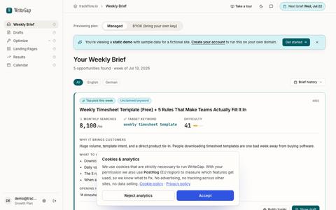 WriteGap Demo — See the product with sample data — screenshot
