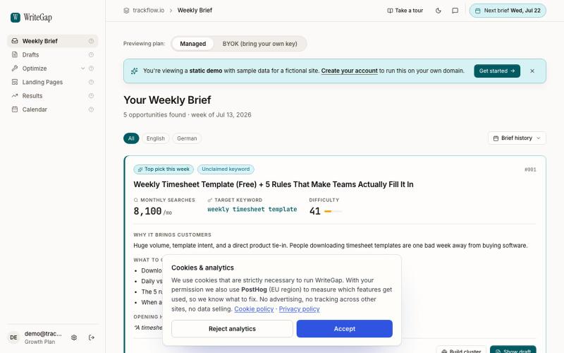 WriteGap Demo — See the product with sample data — screenshot