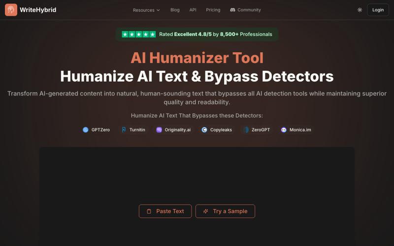 AI Humanizer and Humanize AI Text - 500 Free Words Monthly | WriteHybrid — screenshot