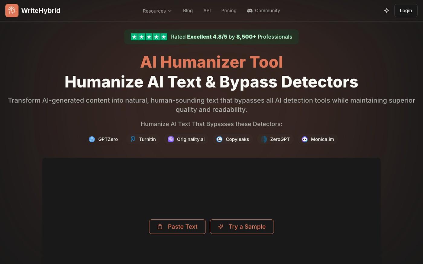 AI Humanizer and Humanize AI Text - 500 Free Words Monthly | WriteHybrid — screenshot