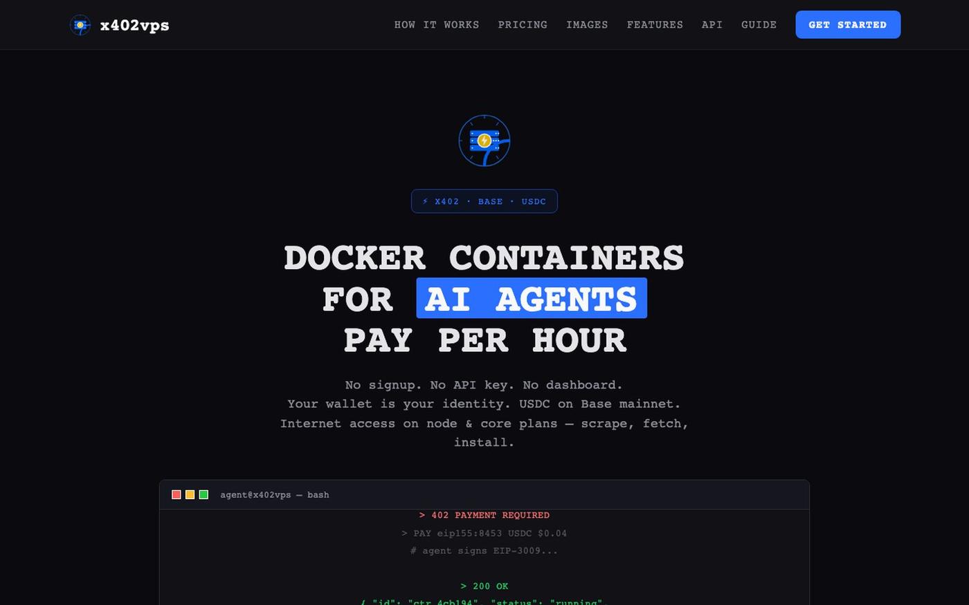 x402vps — containers for agents. pay per hour. — screenshot