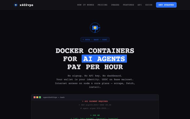 x402vps — containers for agents. pay per hour. — screenshot