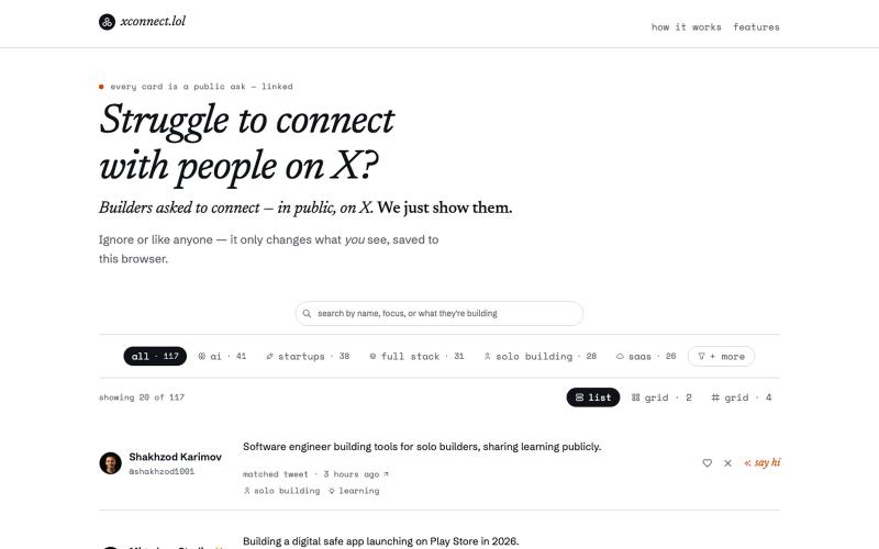 xconnect — builders on X looking to connect — screenshot