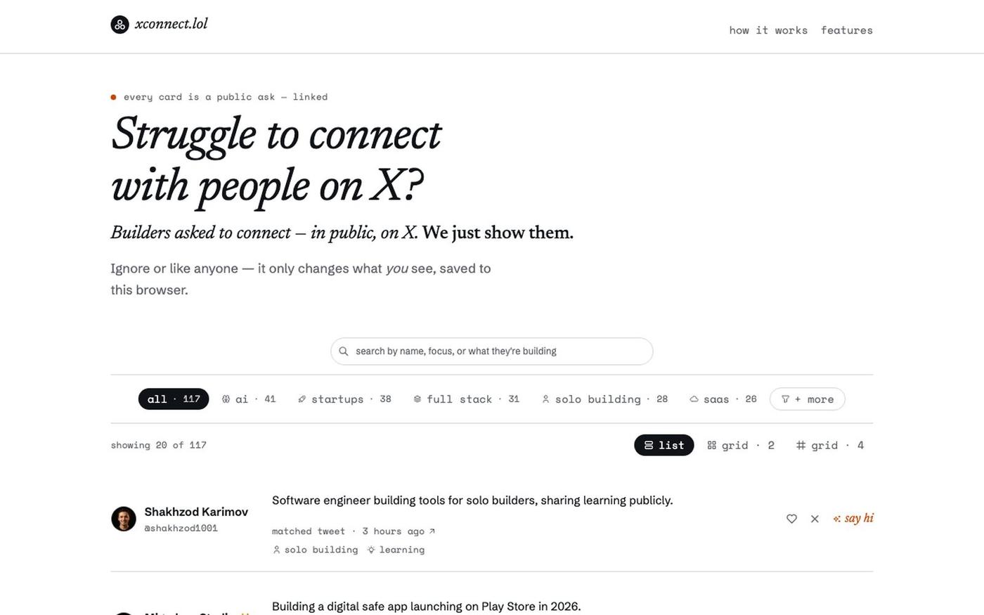 xconnect — builders on X looking to connect — screenshot
