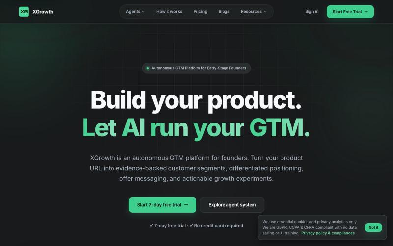 XGrowth · Autonomous AI Agent GTM Tool for Early-Stage Founders — screenshot