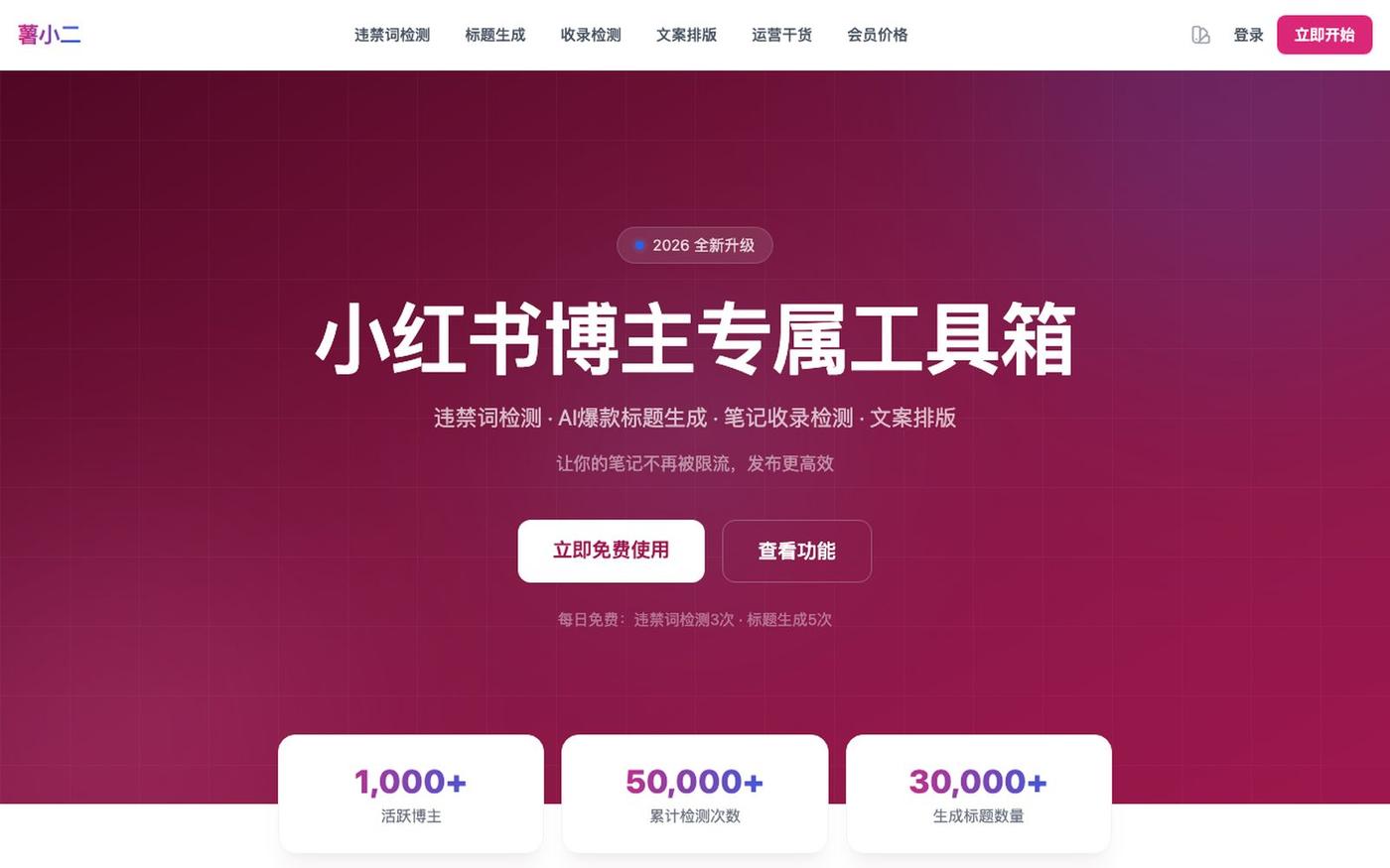 薯小二 - 敏感词检测_AI标题生成_收录检测_排版工具 | 薯小二 — screenshot