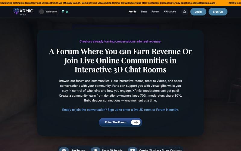 XRmic is a Live Forum | Live Chat Rooms, 3D Communities & Revenue for Creators & — screenshot
