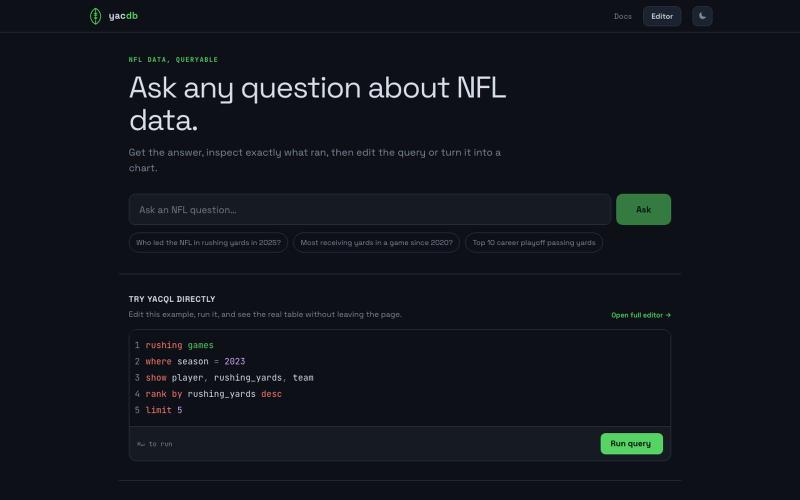 YAC DB — the NFL stats query engine — screenshot