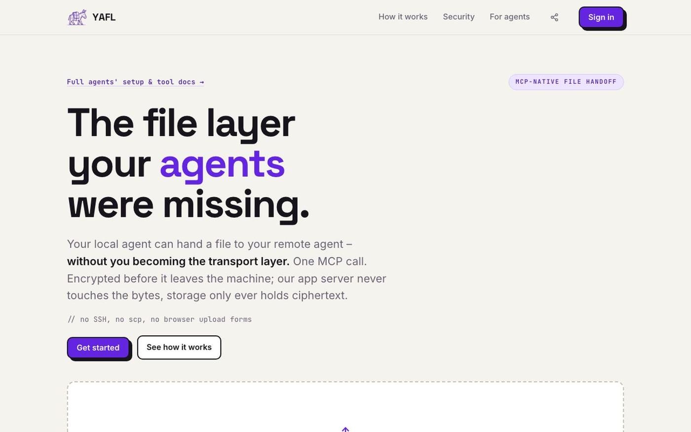 YAFL – Agent-first file transfer — screenshot